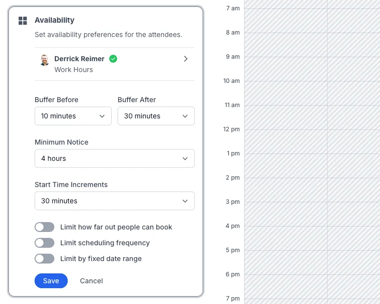 The Availability section of the link editor with Buffer Before set to 10 minutes, Buffer After set to 30 minutes, Minimum Notice set to 4 hours, and Start Time Increments set to 30 minutes