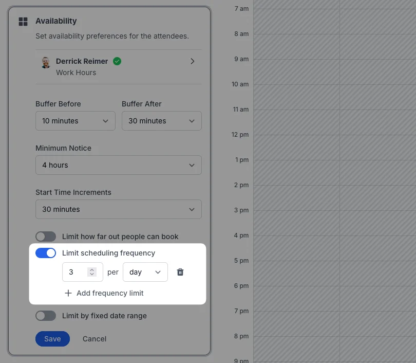 The Limit scheduling frequency toggle turned on with a limit of 3 per day and an Add frequency limit button