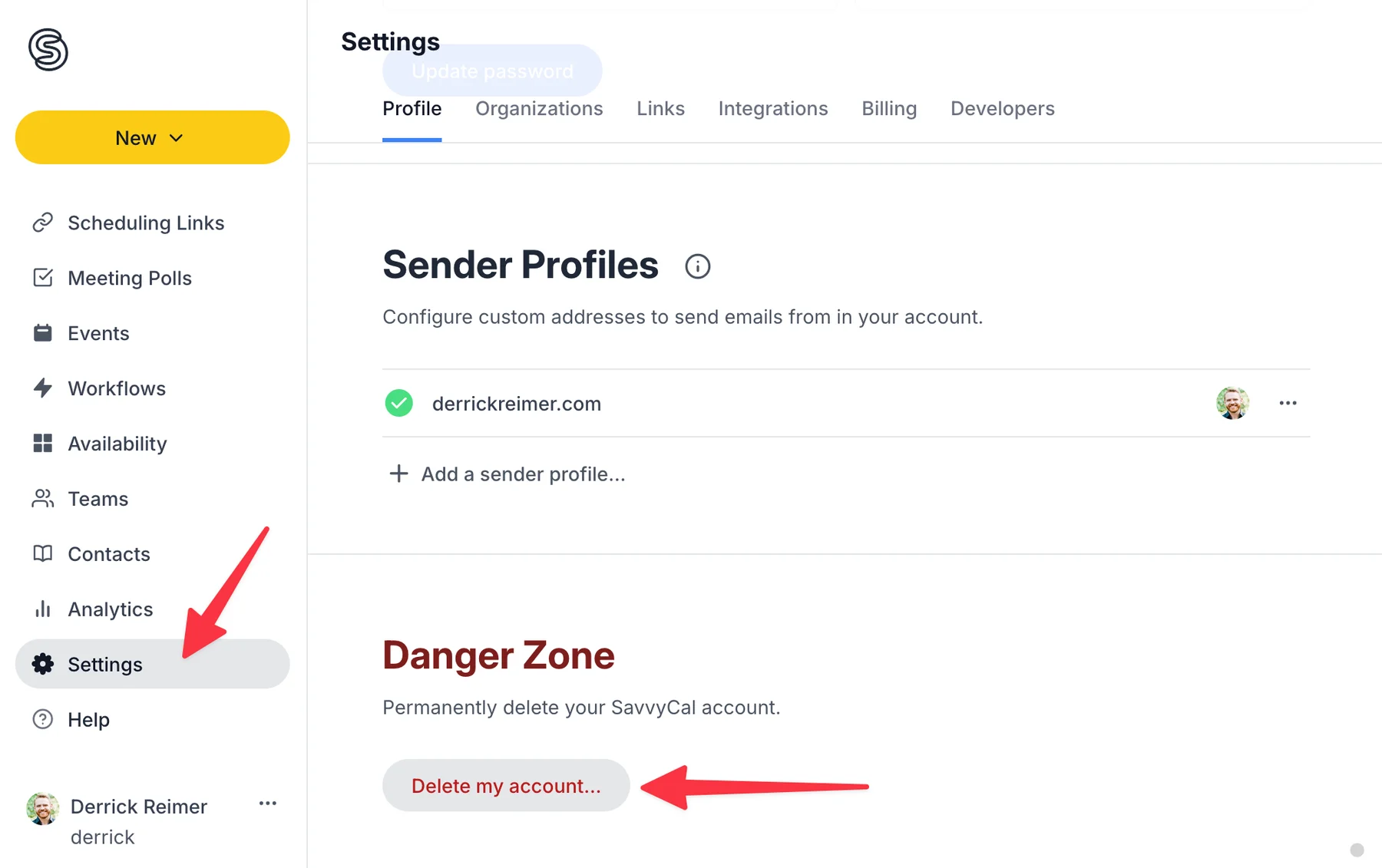 The Danger Zone section at the bottom of the Profile tab, with the Delete my account button