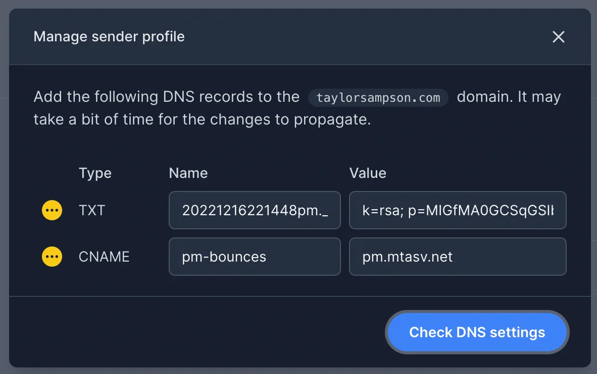 The Manage sender profile window with the TXT and CNAME records and the Check DNS settings button